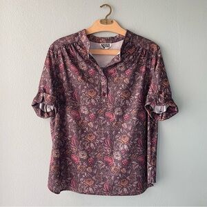 🌱5/$25🌱 Shaker Sport | Vintage 70s 80s Brown Floral Quarter-Button Down Blouse